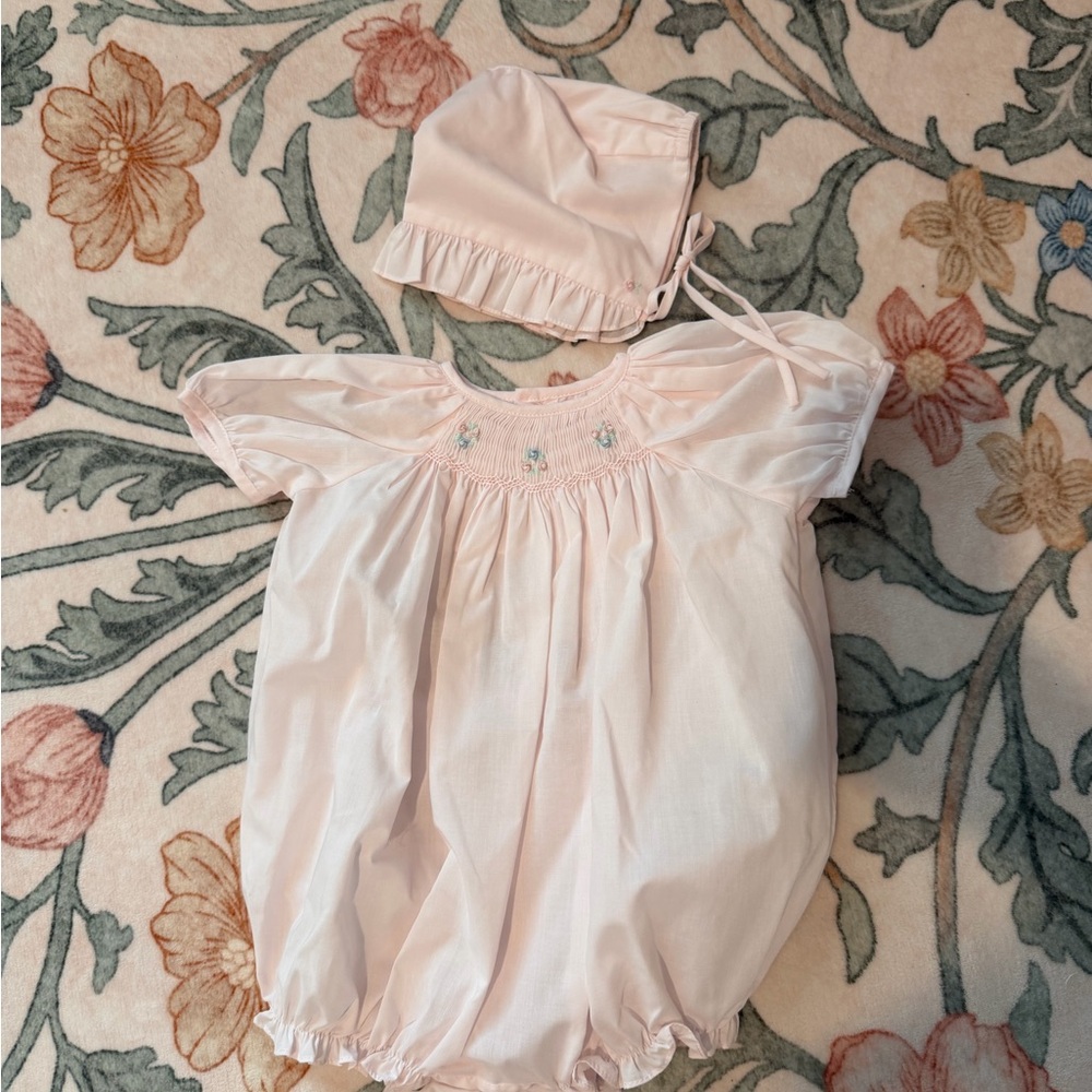 Petit Ami Smocked Pink Baby Romper with Bonnet